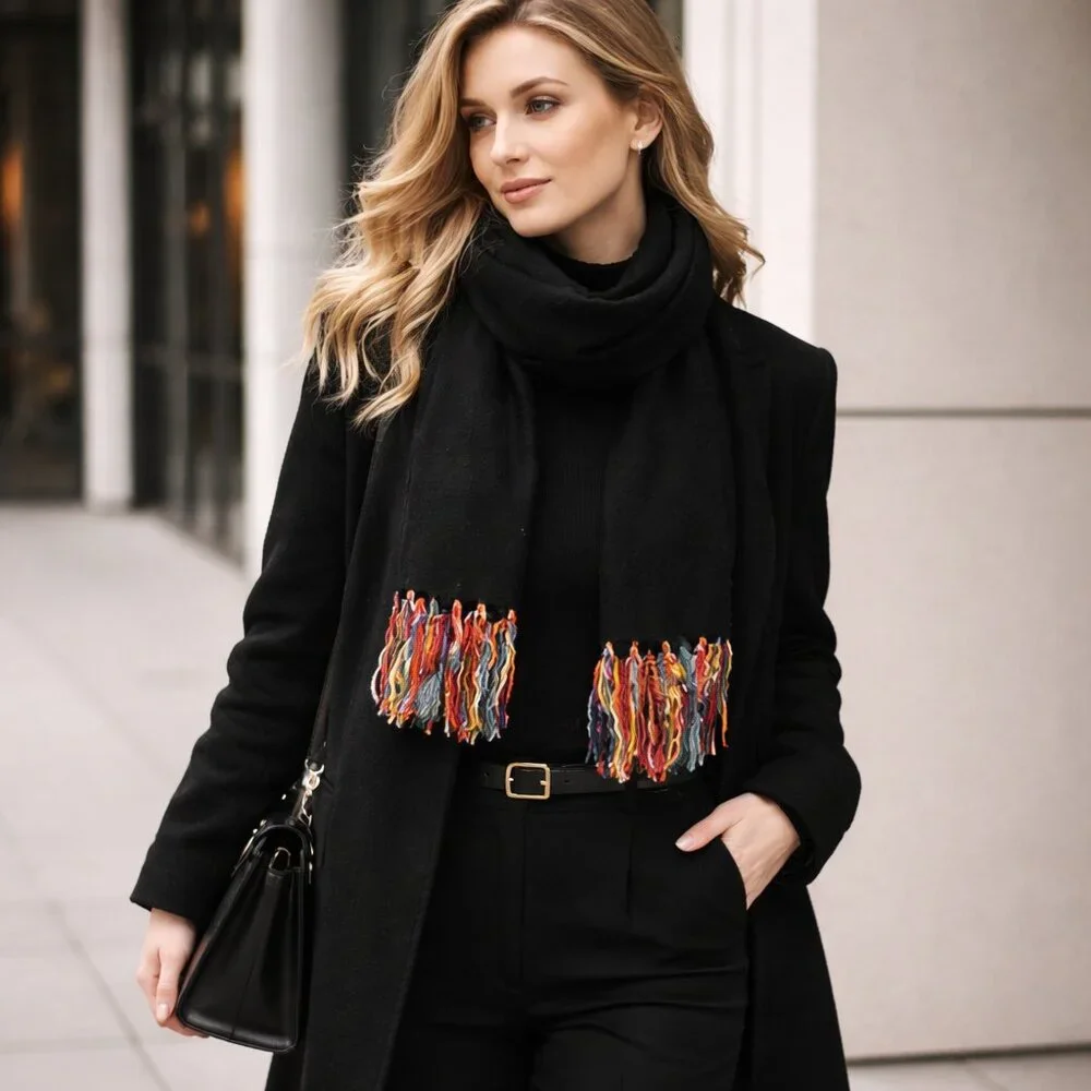 Black Statement Scarf with Multicolor Fringe • Boutique Style • Soft Woven Wrap
